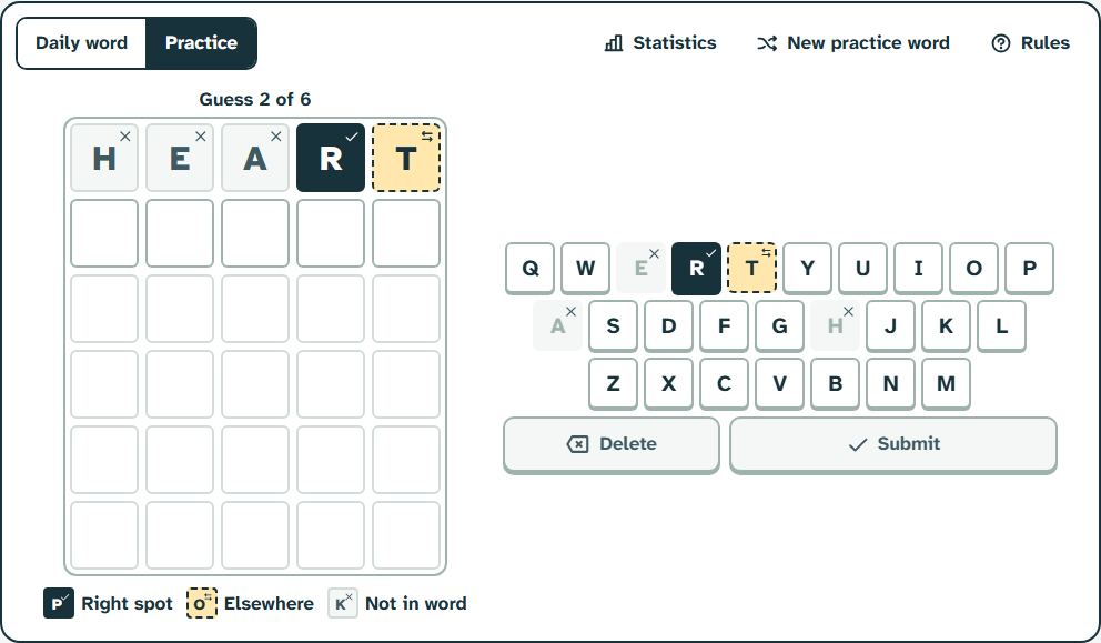 Daily Word in practice mode after the first guess, with dark, yellow and faded tiles and marked keys.
