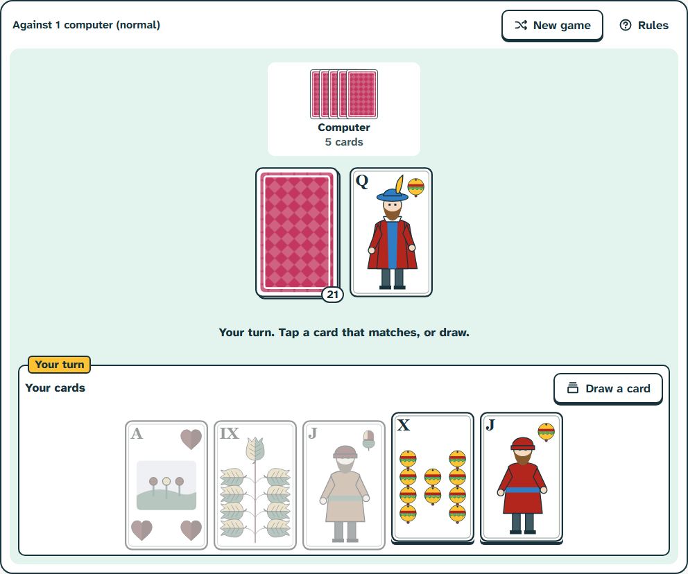 Crazy Eights against the computer: the discard pile, the stock and the cards in your hand.