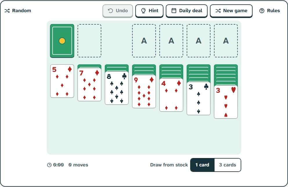 Klondike solitaire at the start of a game: the stock, four empty foundations and seven columns.